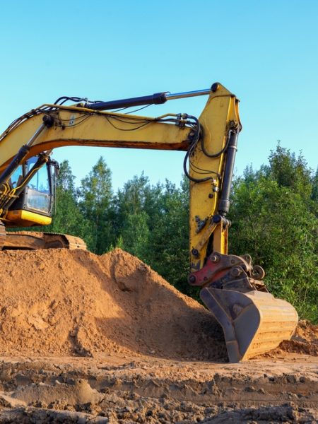 excavator,on,earthmoving.,open pit,mining.,backhoe,dig,sand,,ground,in